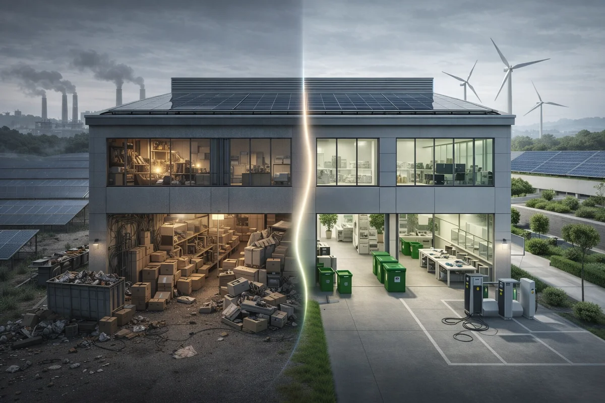 Edificio industrial dividido entre un modelo ineficiente y otro optimizado con energías renovables y gestión eficiente de recursos