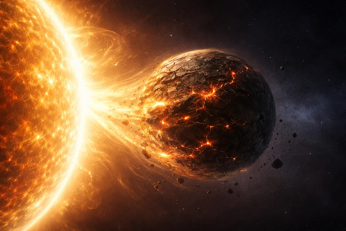 Planeta rocoso desintegrándose lentamente frente a una estrella luminosa