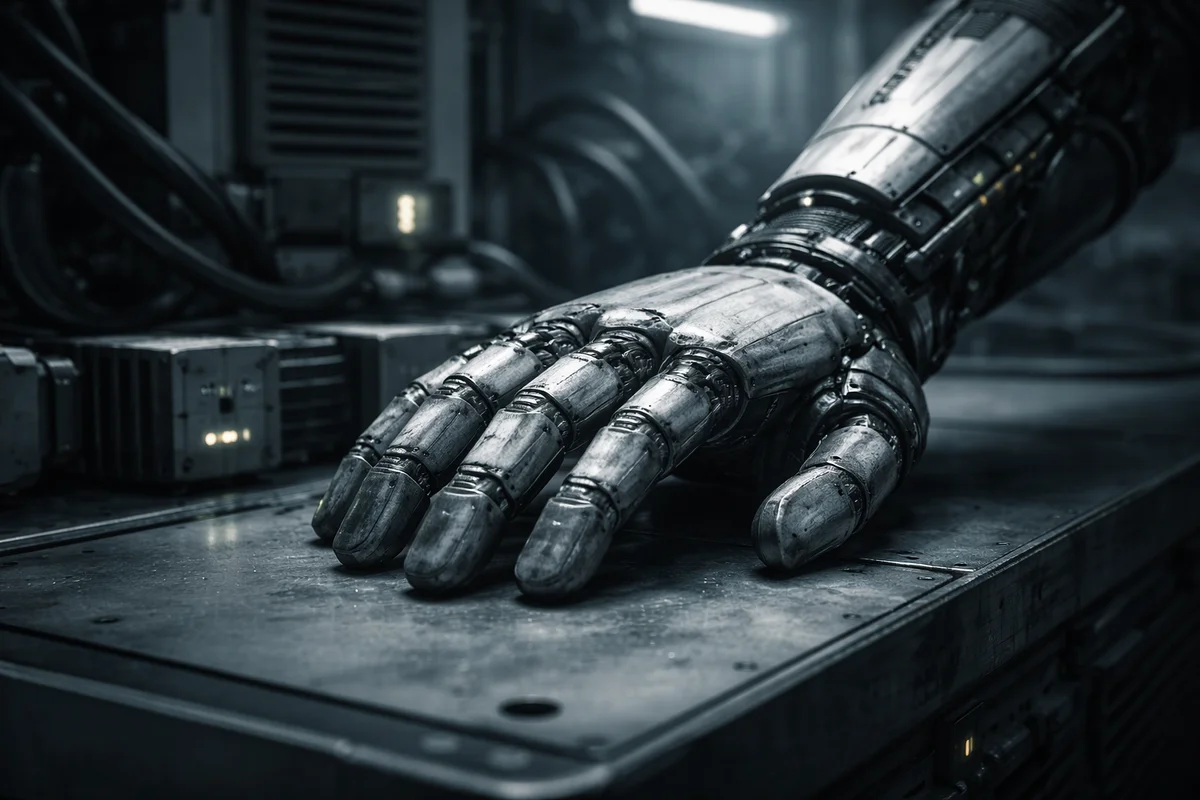 Mano robótica apoyada sobre una superficie industrial con iluminación fría y ambiente de desgaste