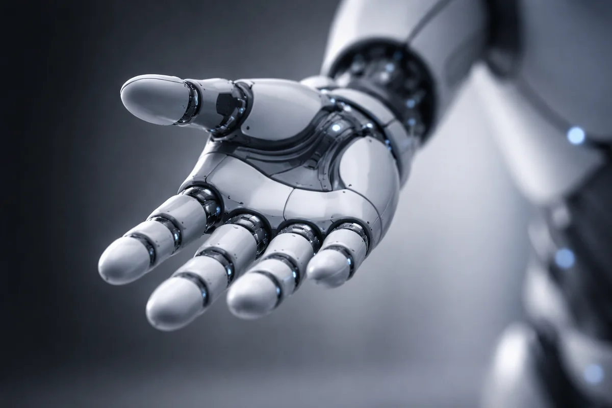Mano robótica extendida con diseño moderno sobre fondo oscuro y desenfocado