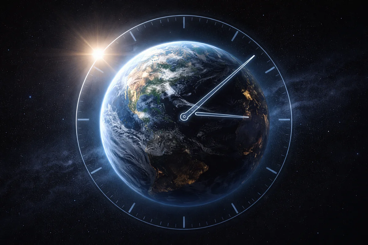 La Tierra vista desde el espacio con un reloj transparente superpuesto