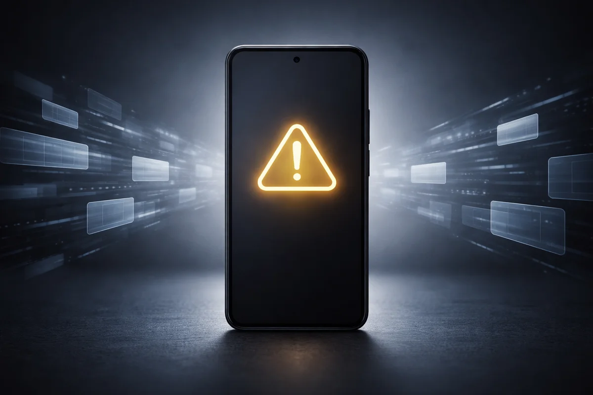 Teléfono móvil con icono de advertencia luminoso sobre fondo oscuro y abstracto