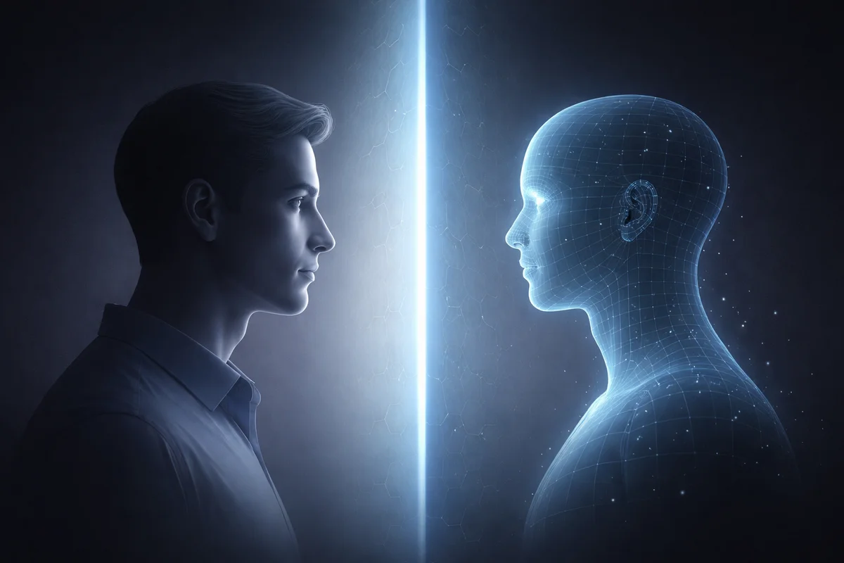 Rostro humano frente a avatar digital separados por una barrera luminosa y translúcida