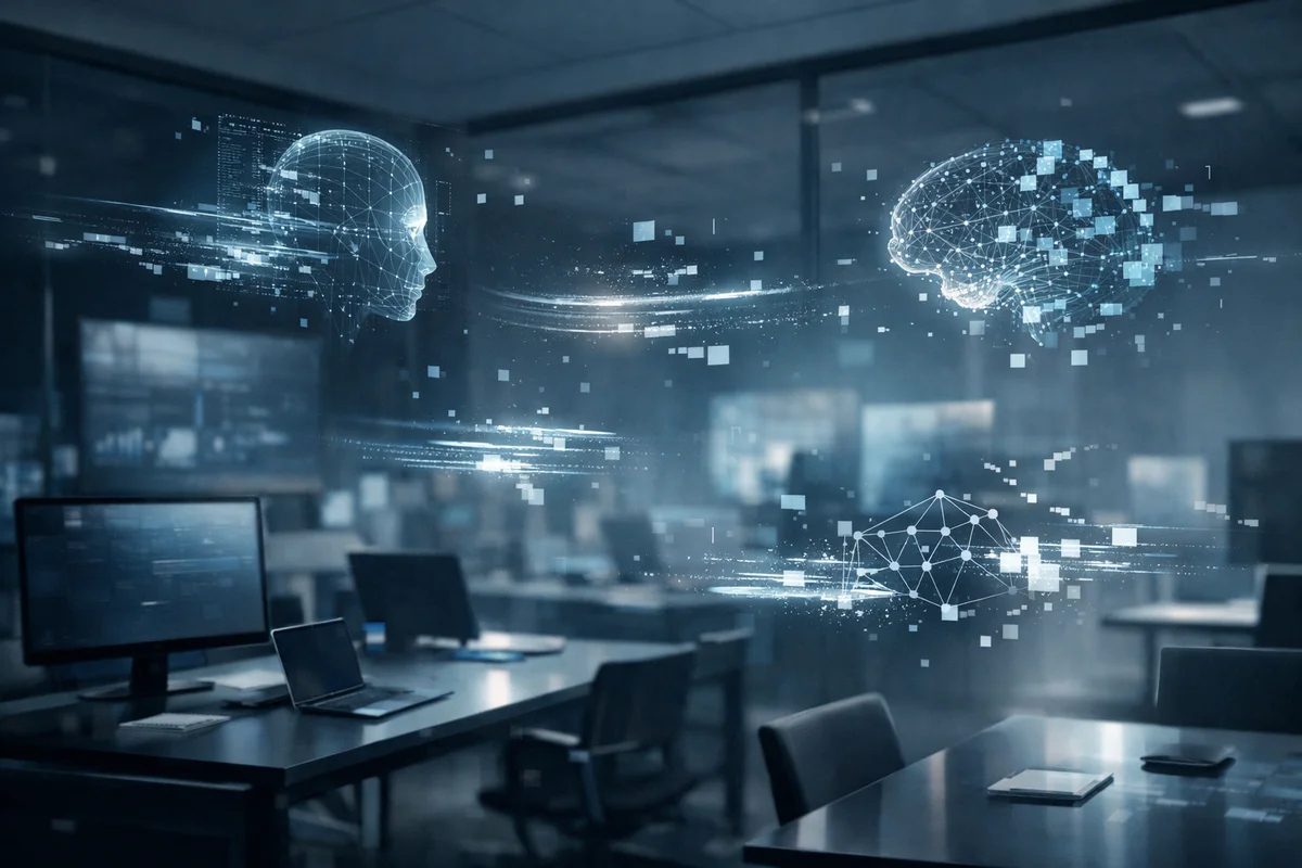 Oficina moderna con flujos de datos e IA fragmentada flotando en el aire