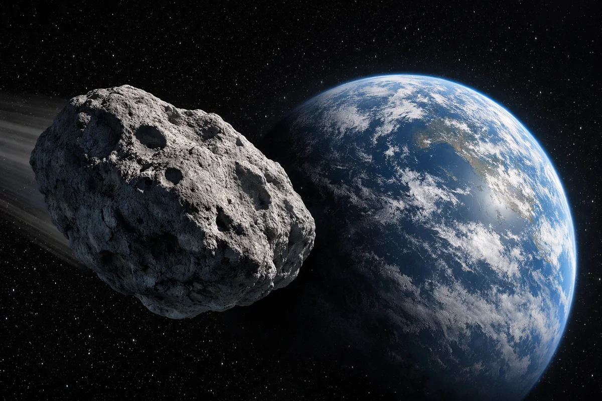 Asteroide de tamaño medio pasando cerca de la Tierra, visto desde el espacio