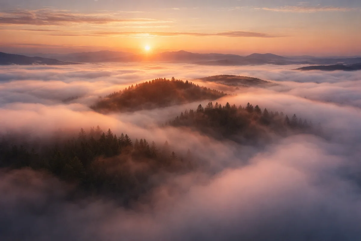 Rayos de luz atravesando un denso bosque cubierto de niebla, creando un efecto atmosférico entre árboles y vegetación húmeda en un camino rural.