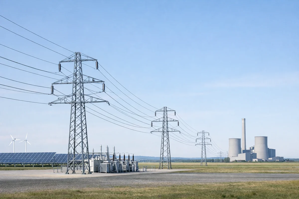 Red eléctrica conectada a renovables y a una central térmica