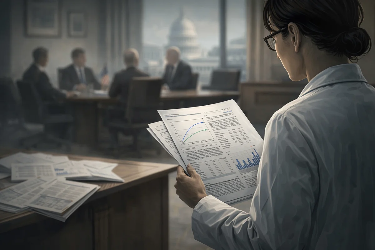 Científica con informes frente a una mesa de poder institucional