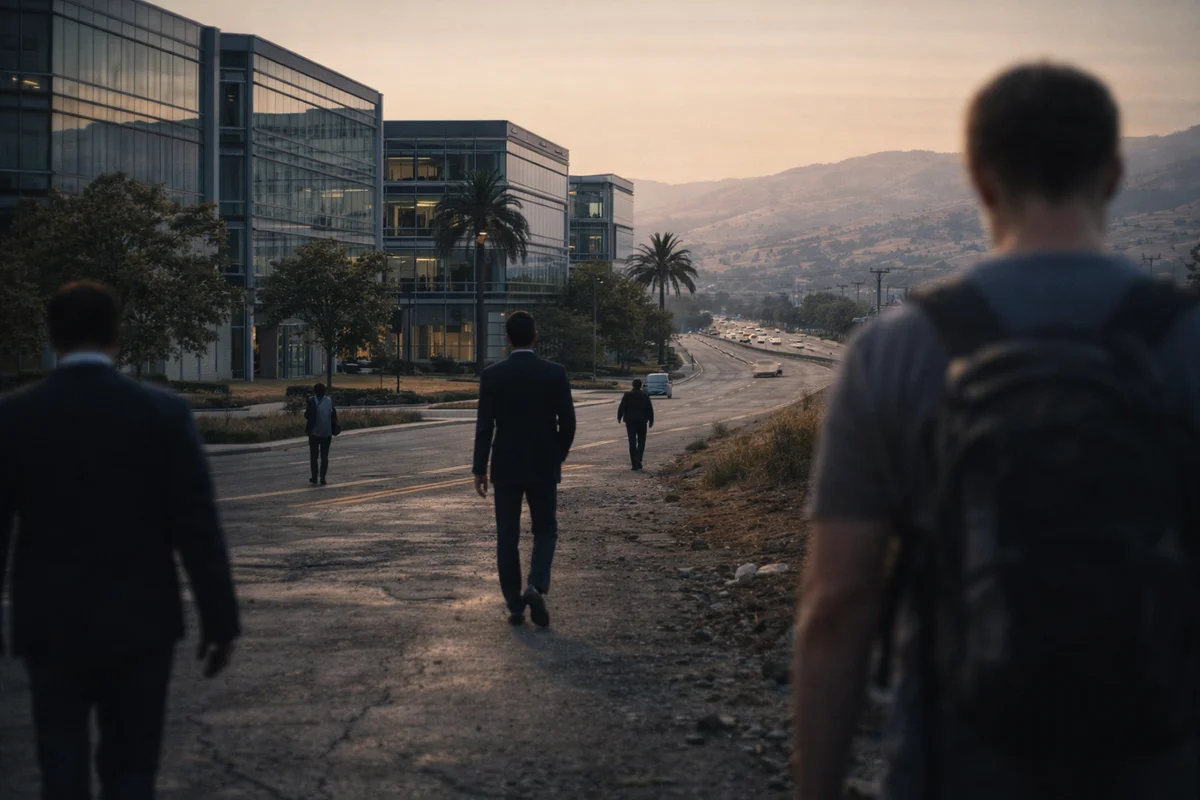 Figuras alejándose de campus tecnológico en Silicon Valley