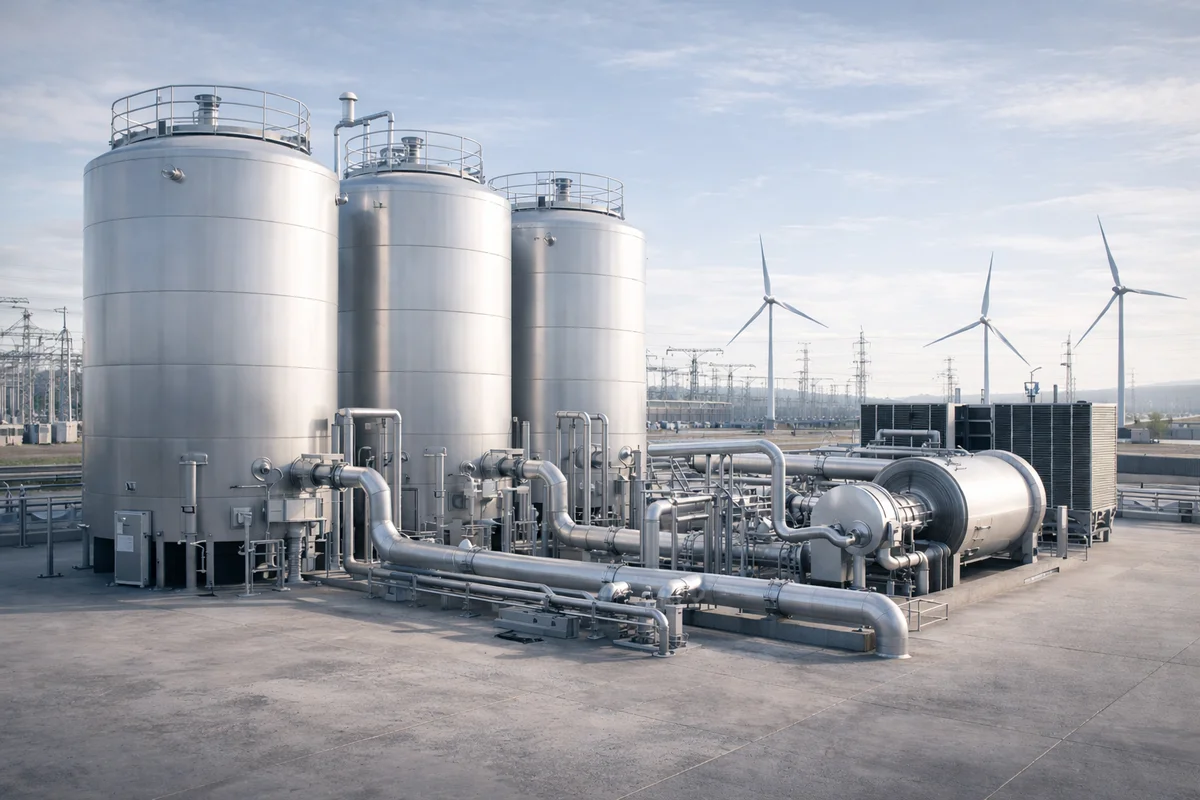 Planta industrial de almacenamiento energético con tanques criogénicos y conexión a la red