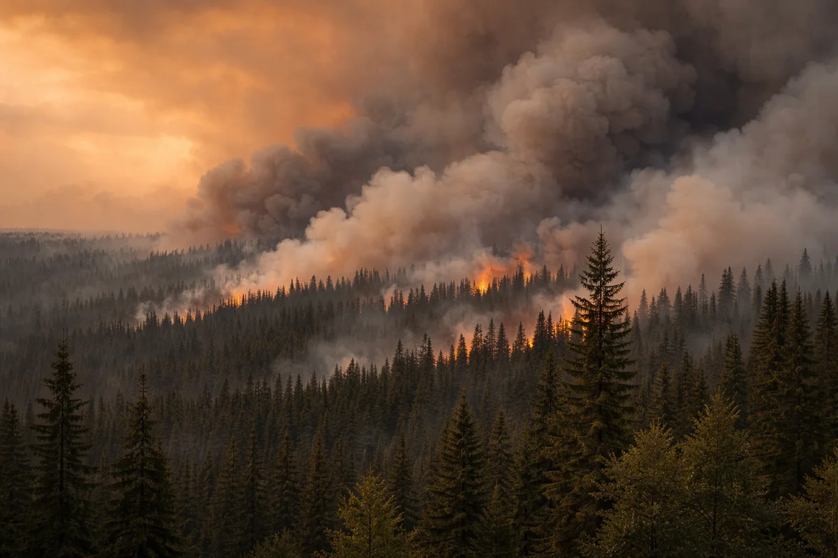 Incendio forestal de gran escala con humo denso sobre bosque de coníferas