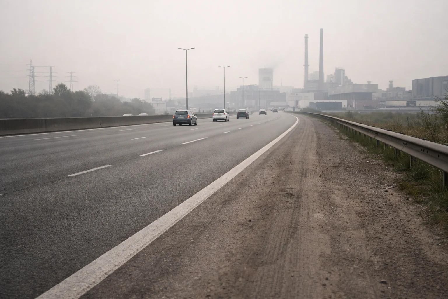 Carretera urbana con bruma y naves industriales al fondo
