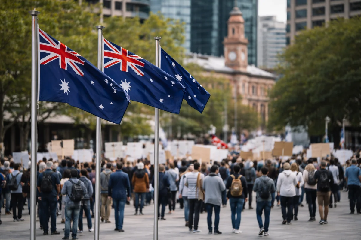 Plaza australiana con banderas y manifestantes