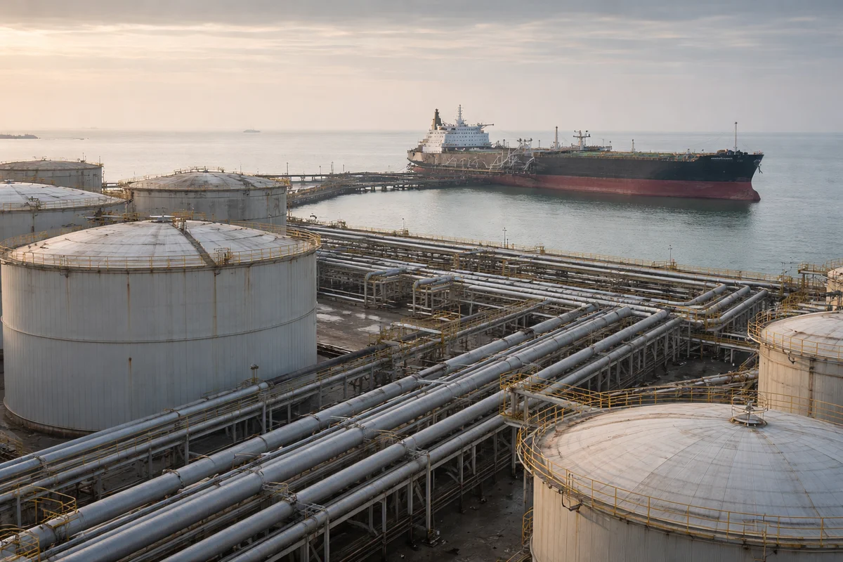 Terminal petrolera costera con tanques y superpetrolero atracado
