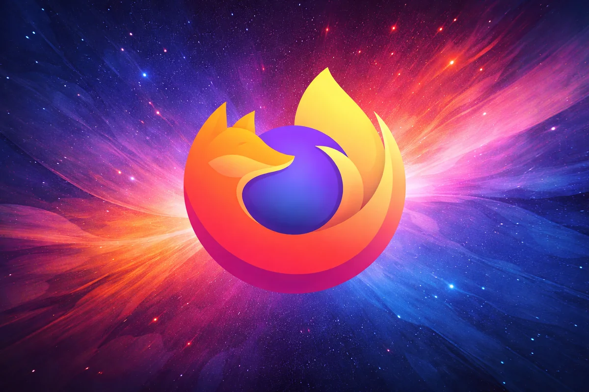 Logotipo de Firefox sobre fondo abstracto de colores vibrantes