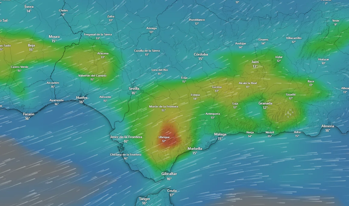 Mapa meteorológico de Andalucía con temperaturas y viento para el miércoles
