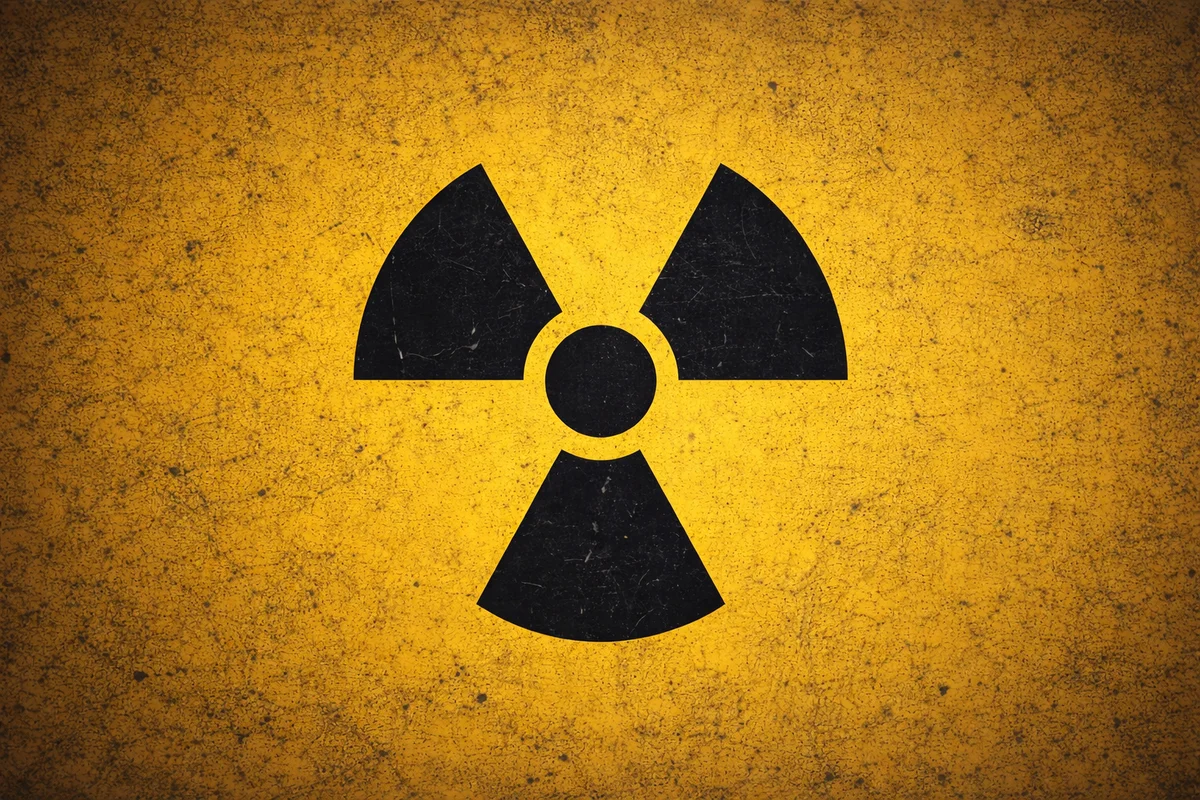 Símbolo radiactivo negro sobre fondo amarillo desgastado