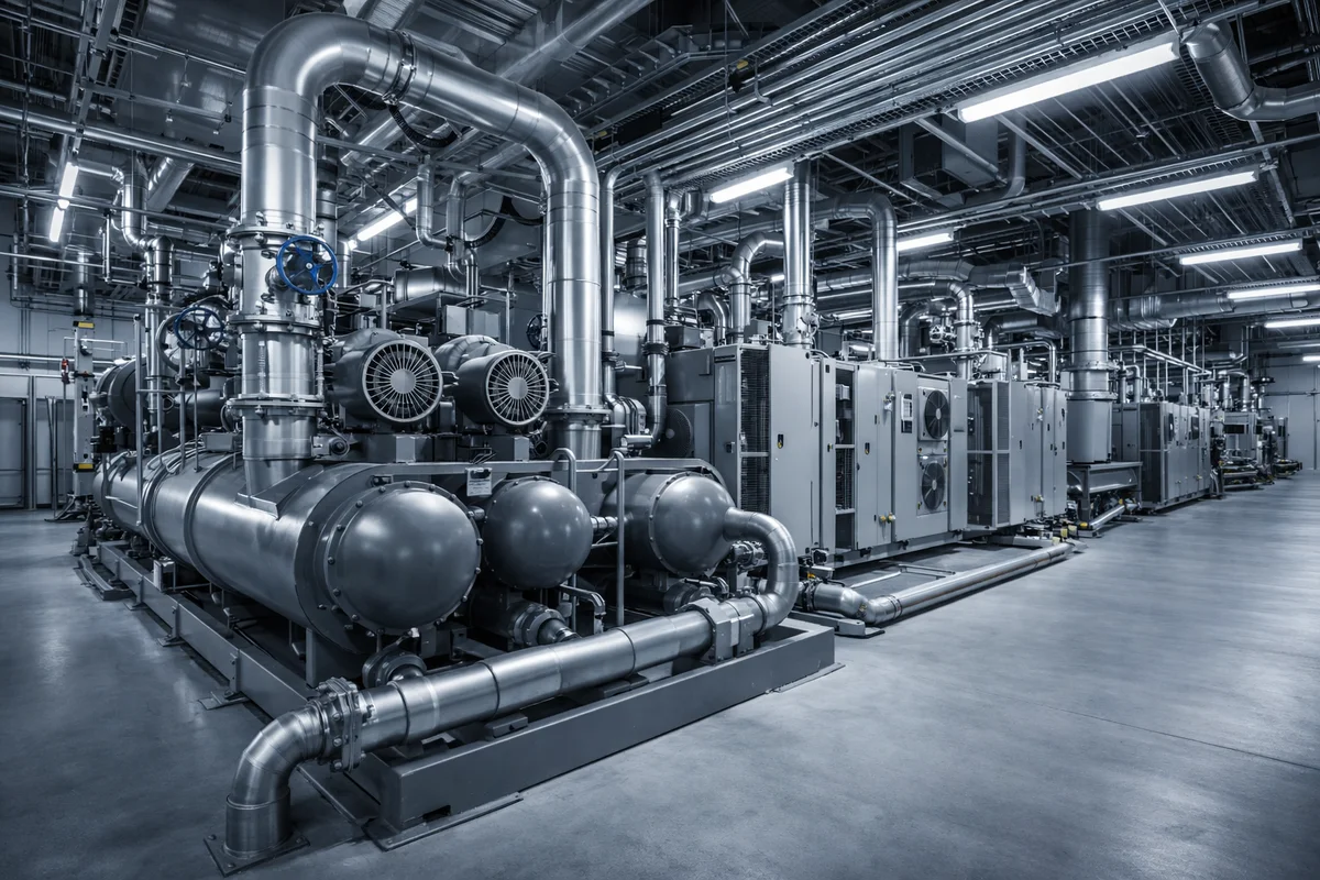 Sala técnica de refrigeración con chillers industriales, tuberías y equipos de climatización para centro de datos