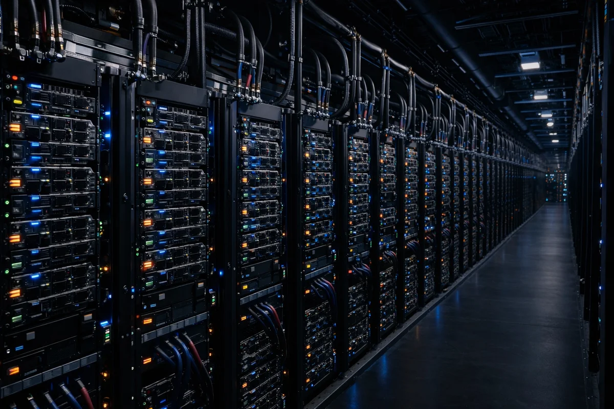 Racks de servidores GPU con refrigeración líquida en un centro de datos de alta densidad