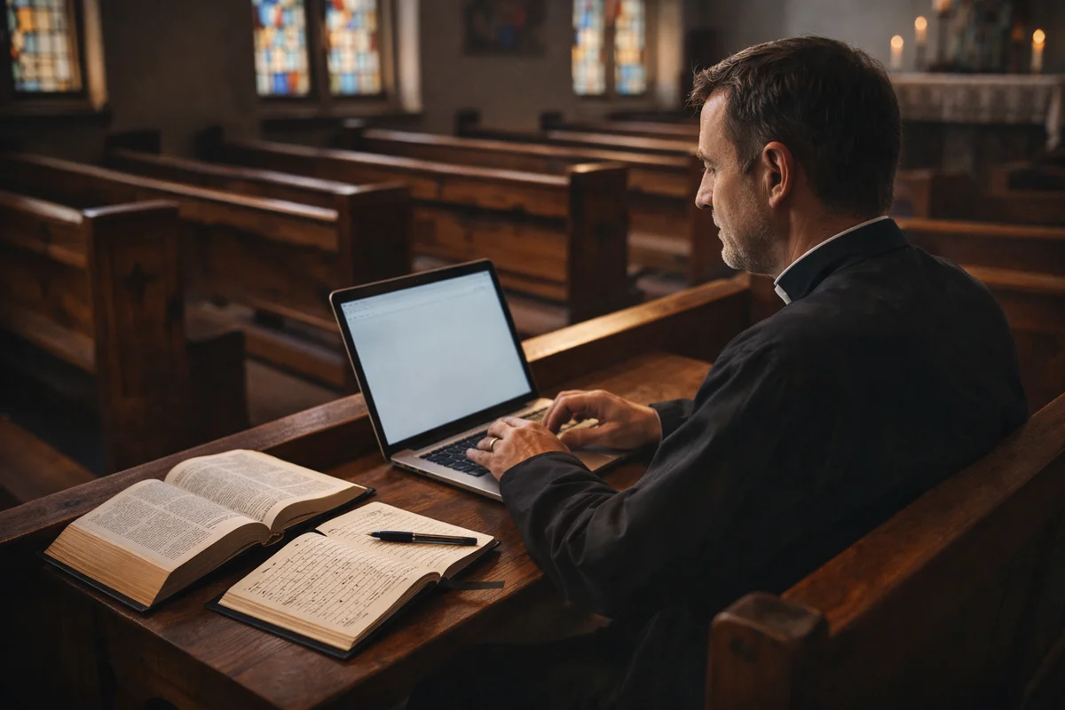 Pastor preparando un sermón con portátil en una iglesia vacía