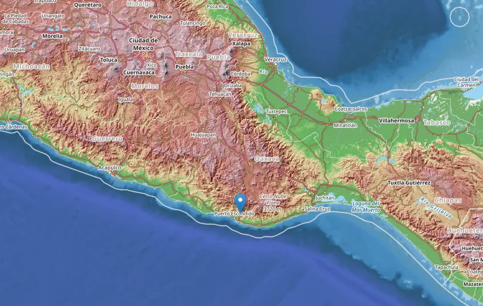 Mapa del sur de Oaxaca con el epicentro del sismo marcado cerca de Puerto Escondido