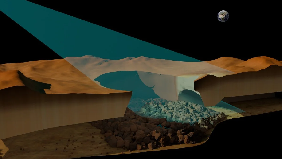 Ilustración transversal de una cueva o tubo de lava bajo la superficie de Venus