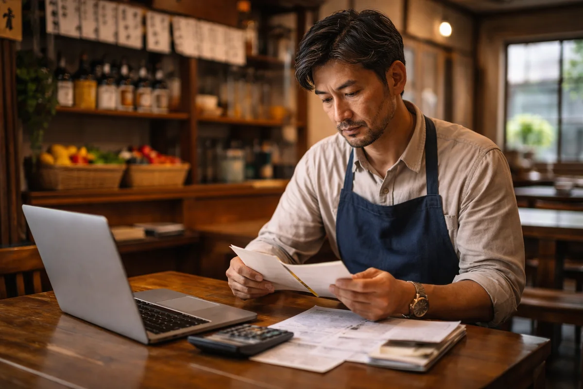 Comerciante japonés revisando cuentas en su local