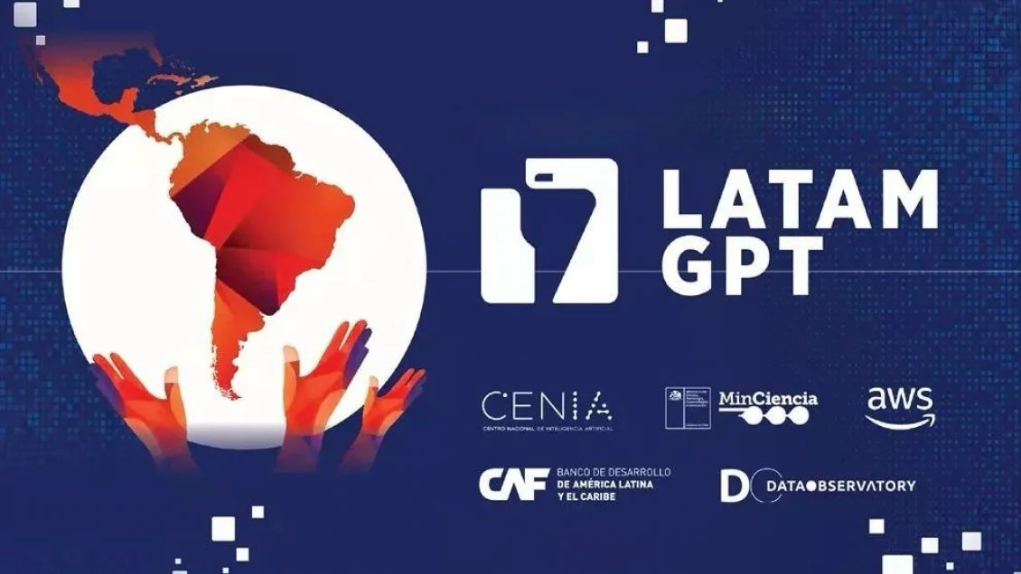 Imagen promocional de Latam-GPT con mapa de América Latina y logotipos de instituciones participantes