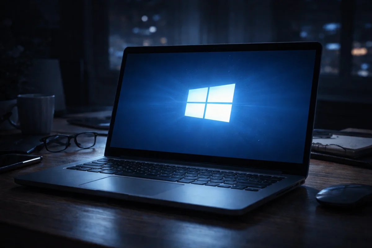 Portátil con el logo de Windows iluminado en un escritorio nocturno