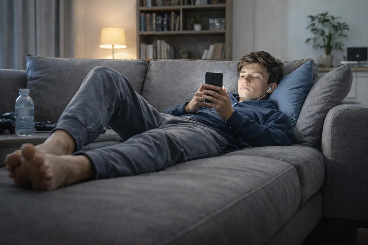 Adolescente recostado en un sofá usando el móvil con luz tenue nocturna.