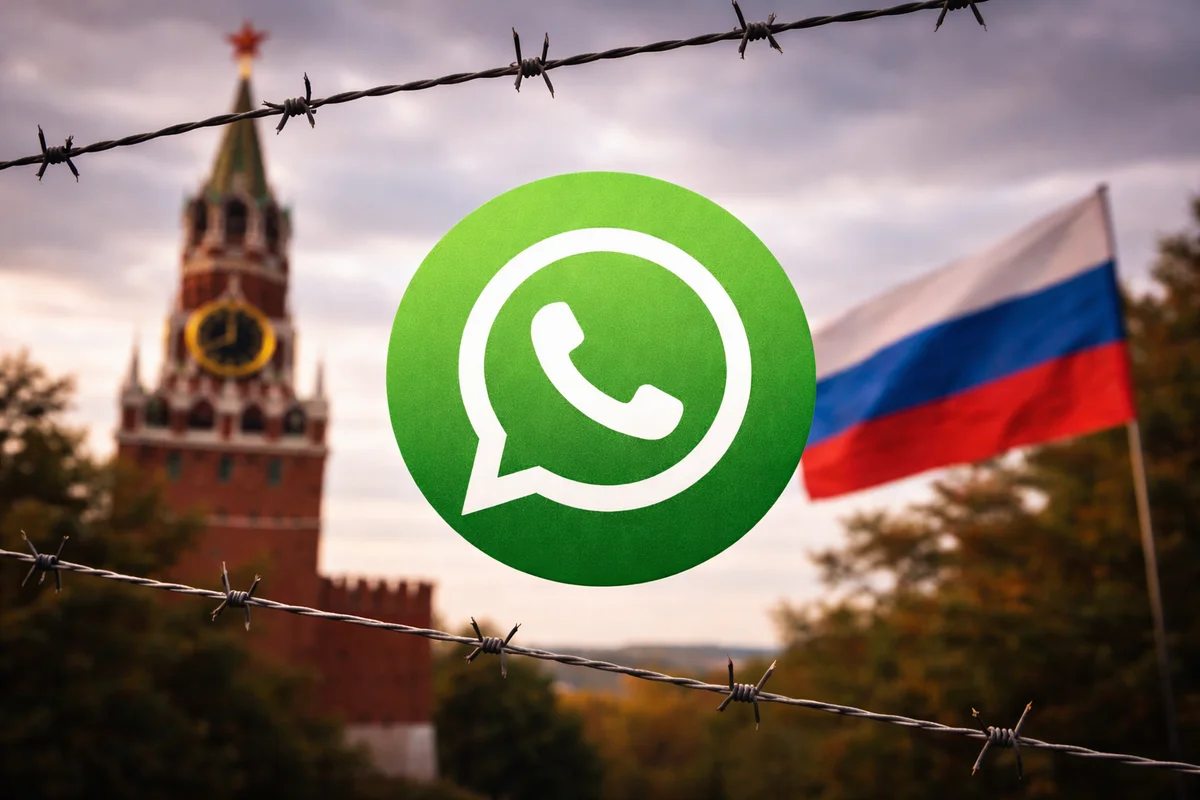 Logo de WhatsApp sobre la bandera de Rusia con alambre de espino