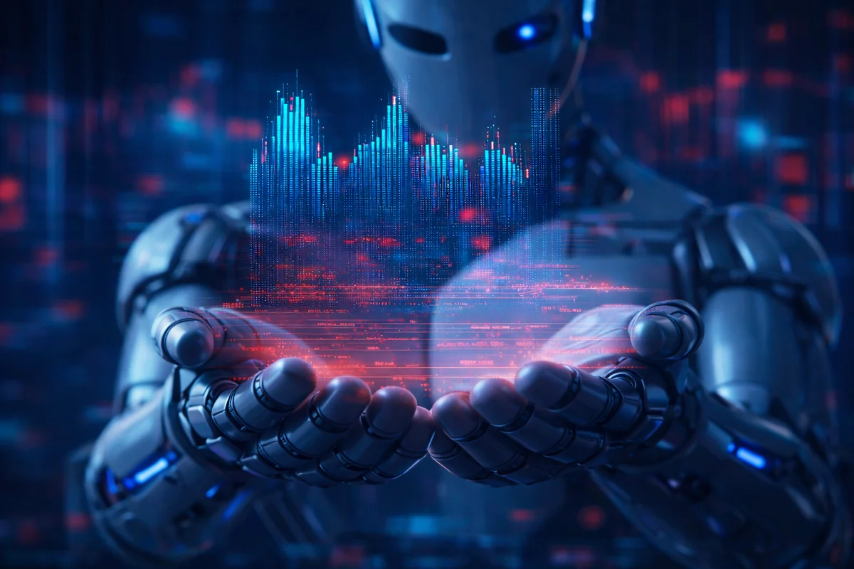 Robot sosteniendo un gráfico digital luminoso en tonos azules y rojos