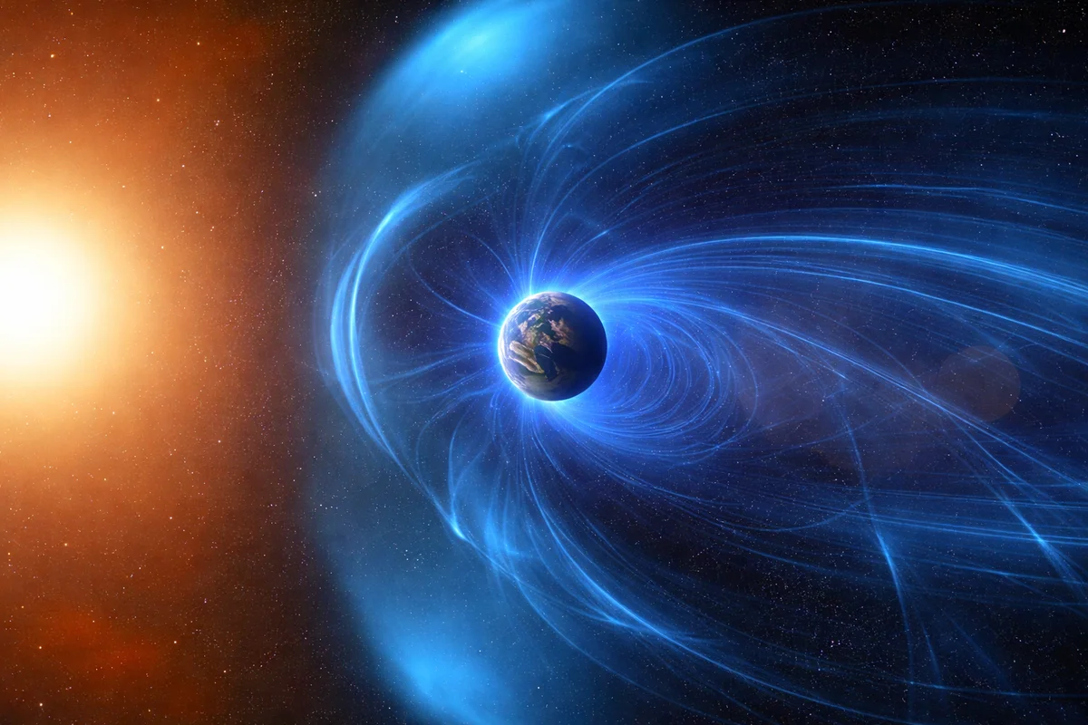 La Tierra rodeada por su campo magnético frente al Sol en el espacio.