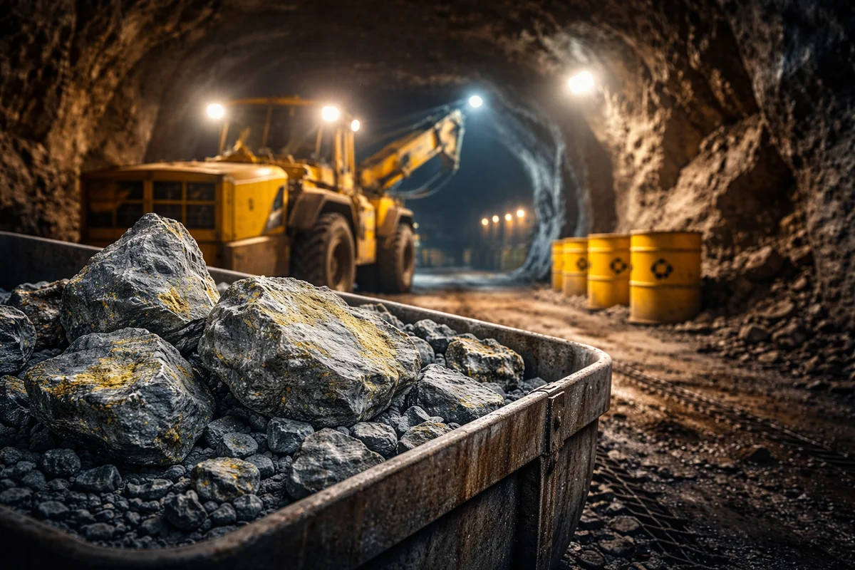 Interior de mina de uranio con maquinaria pesada y rocas extraídas en primer plano