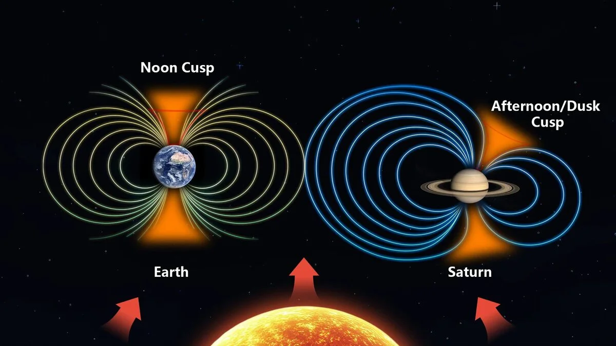 Esquema comparativo de la posición de la cúspide magnética de Saturno y la Tierra