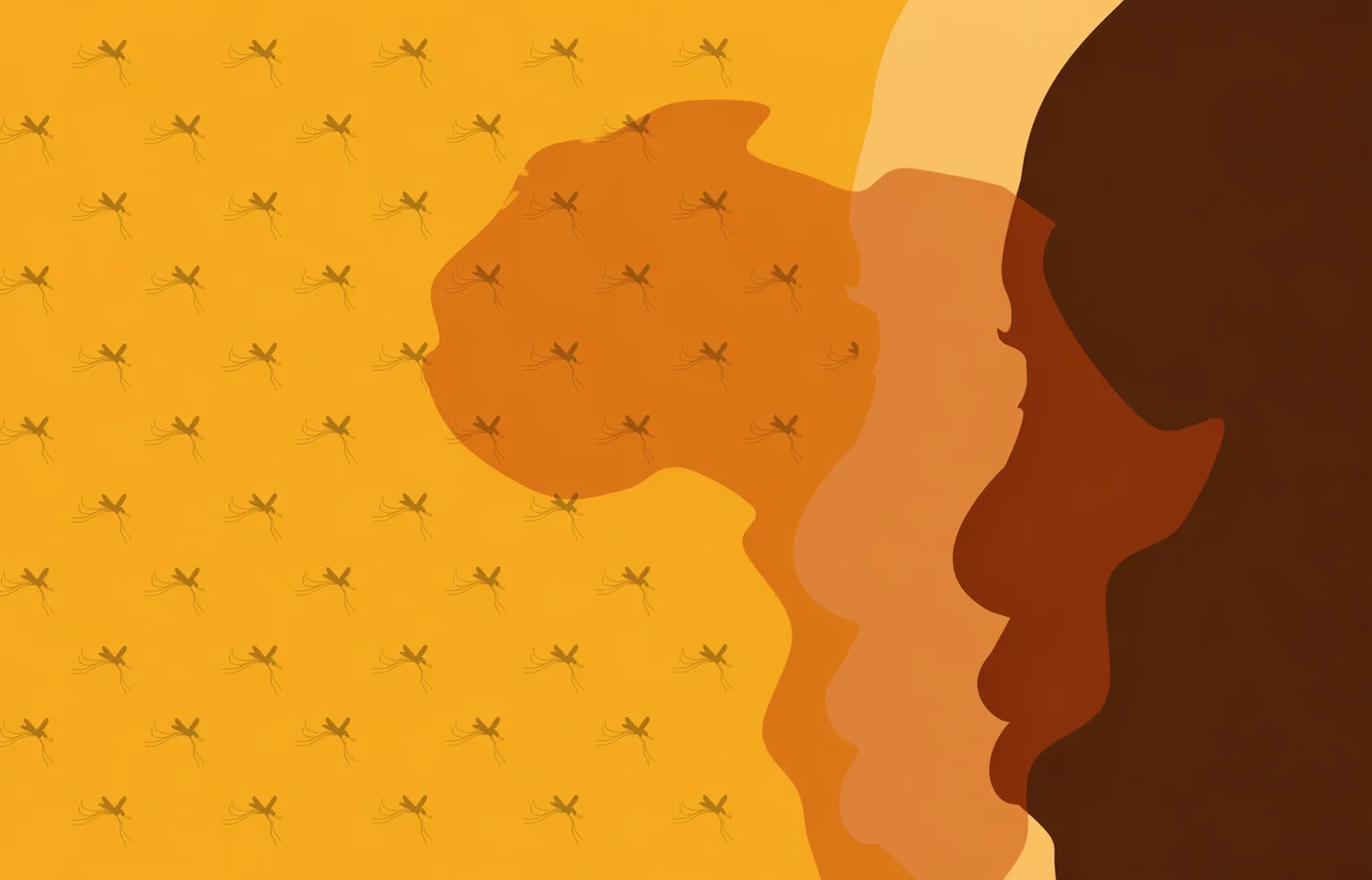 Escena de humanos prehistóricos en África con mosquitos y mapa ilustrado de fondo