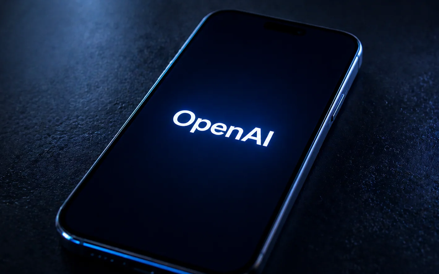 OpenAI en smartphone oscuro con iluminación azul minimalista