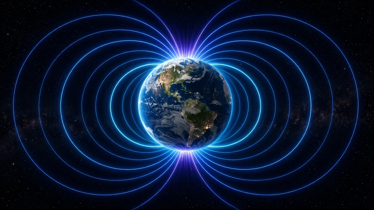 Campo magnético terrestre rodeando la Tierra en el espacio