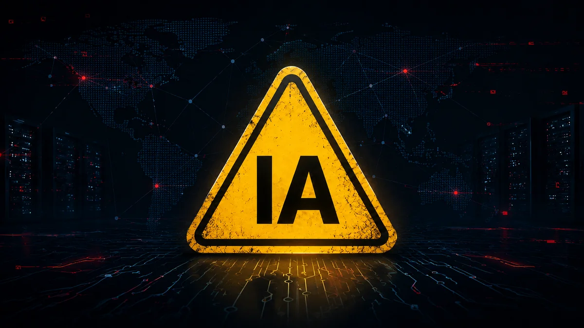 Señal de advertencia sobre IA en un entorno digital global