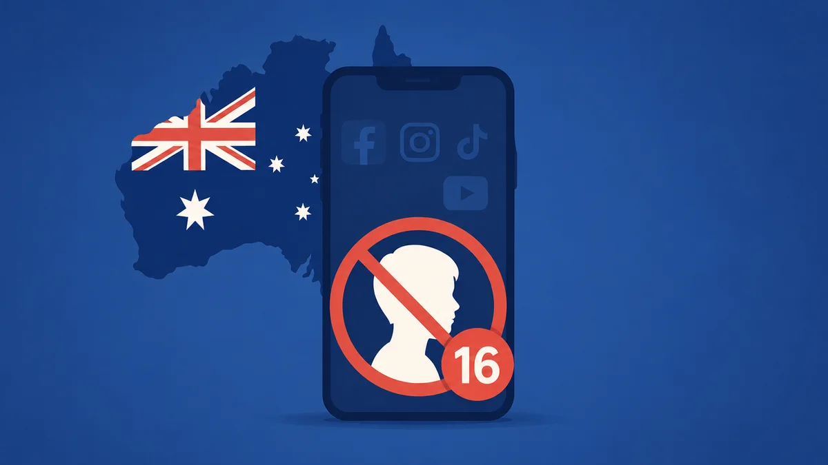 Smartphone con símbolo de prohibición para menores de 16 años junto al mapa de Australia
