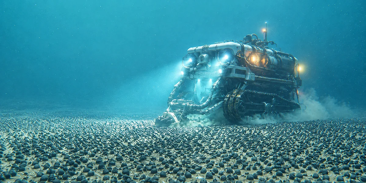 Vehículo de minería submarina removiendo nódulos metálicos en el fondo del océano
