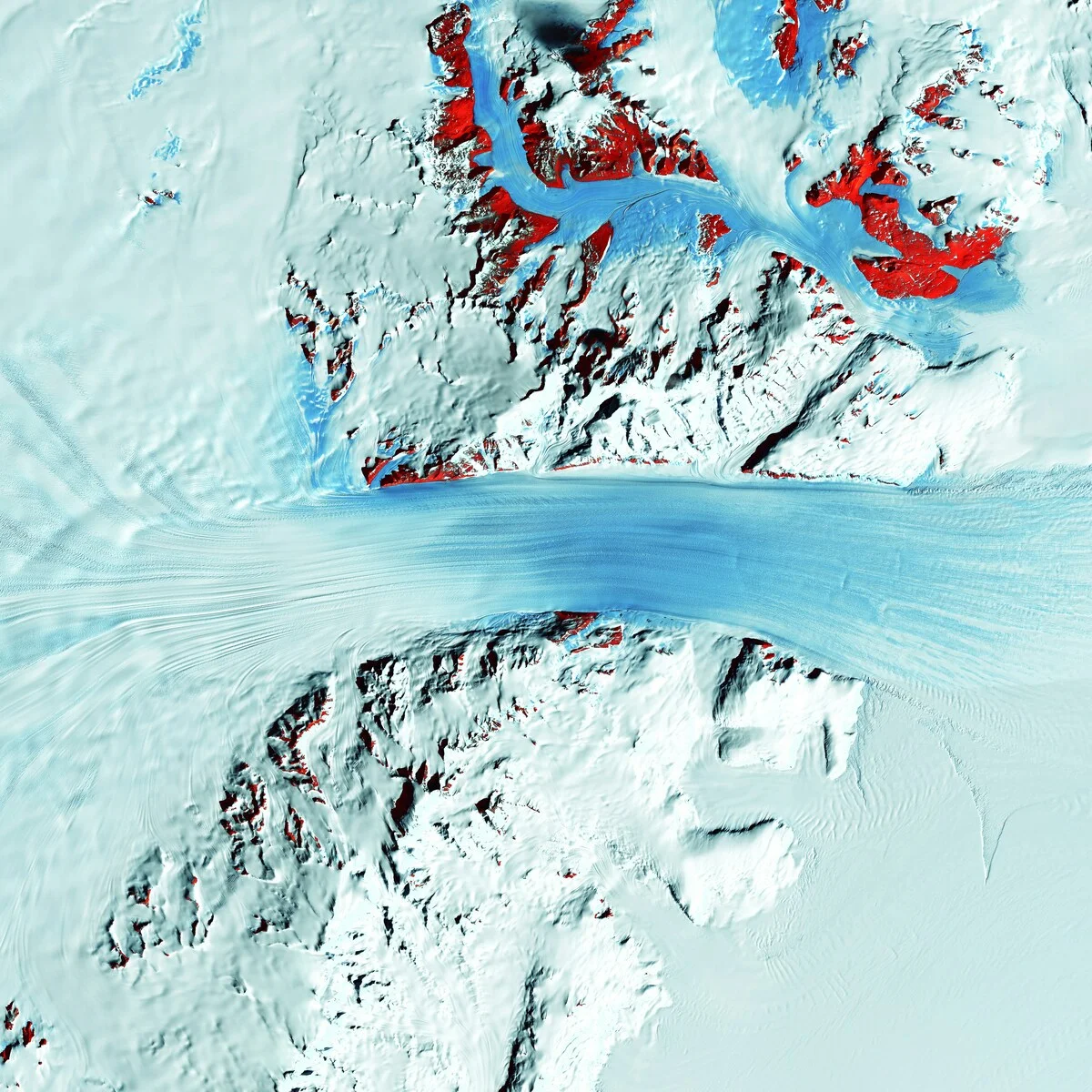 Vista satelital infrarroja del glaciar Byrd atravesando las montañas Transantárticas