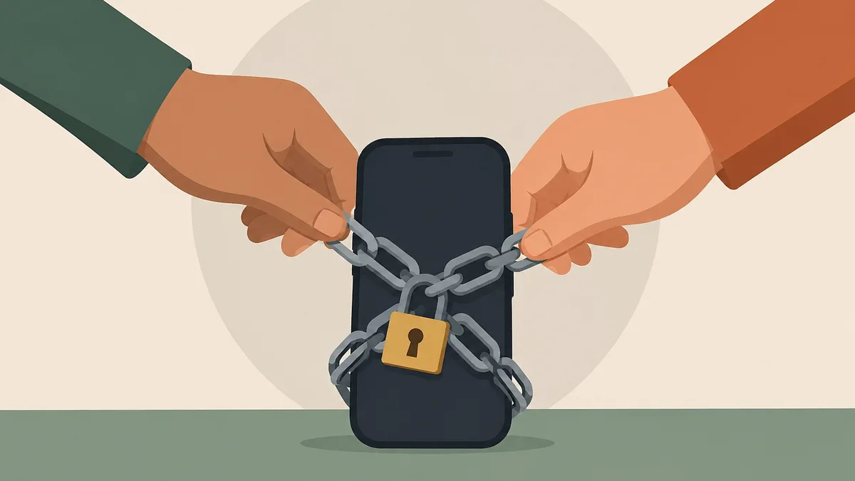 Móvil bloqueado con cadenas como símbolo del acuerdo familiar