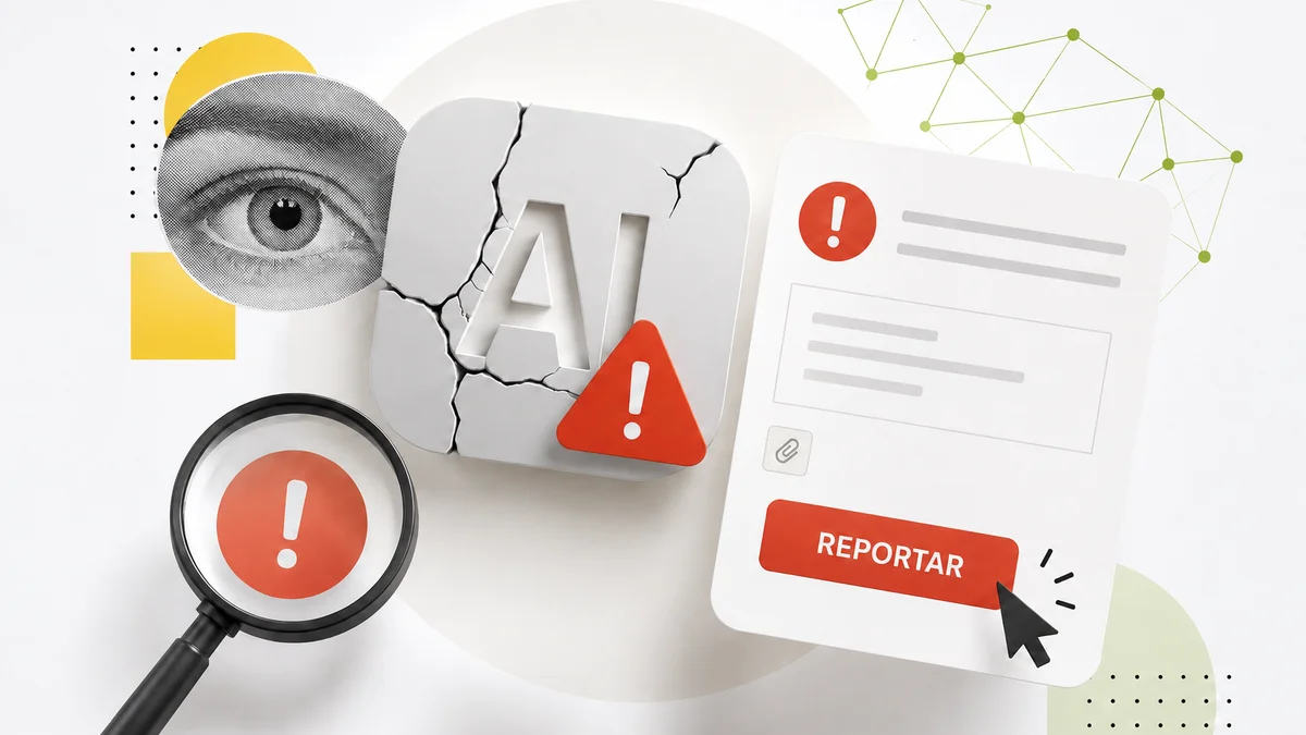 Iconos de alerta y formulario para reportar fallos de inteligencia artificial.