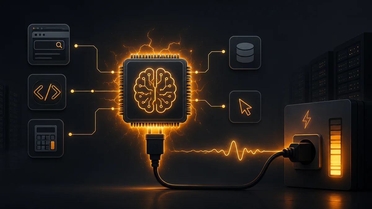 Chip de IA conectado a varias herramientas y a una fuente de energía