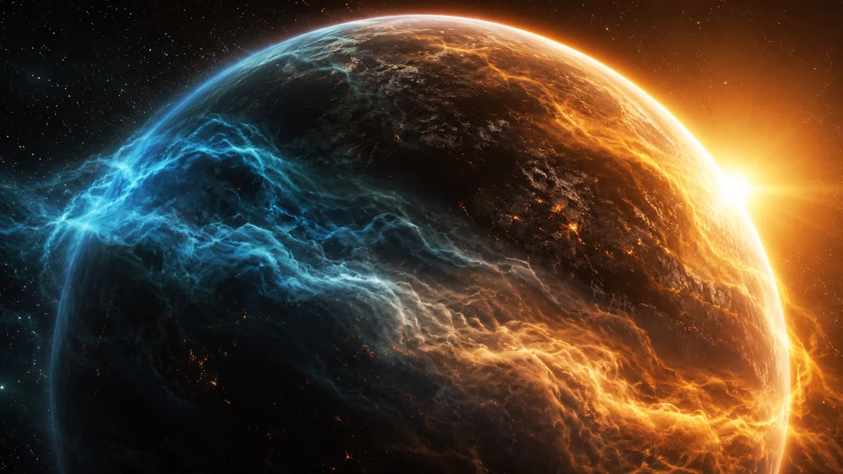 Exoplaneta con atmósfera azul y naranja iluminada por una estrella