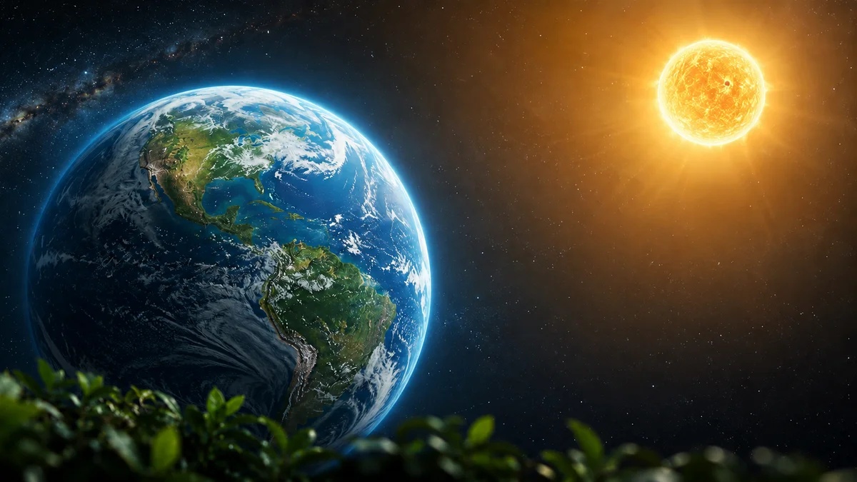 La Tierra, el Sol y vegetación en primer plano como símbolo de la biosfera terrestre