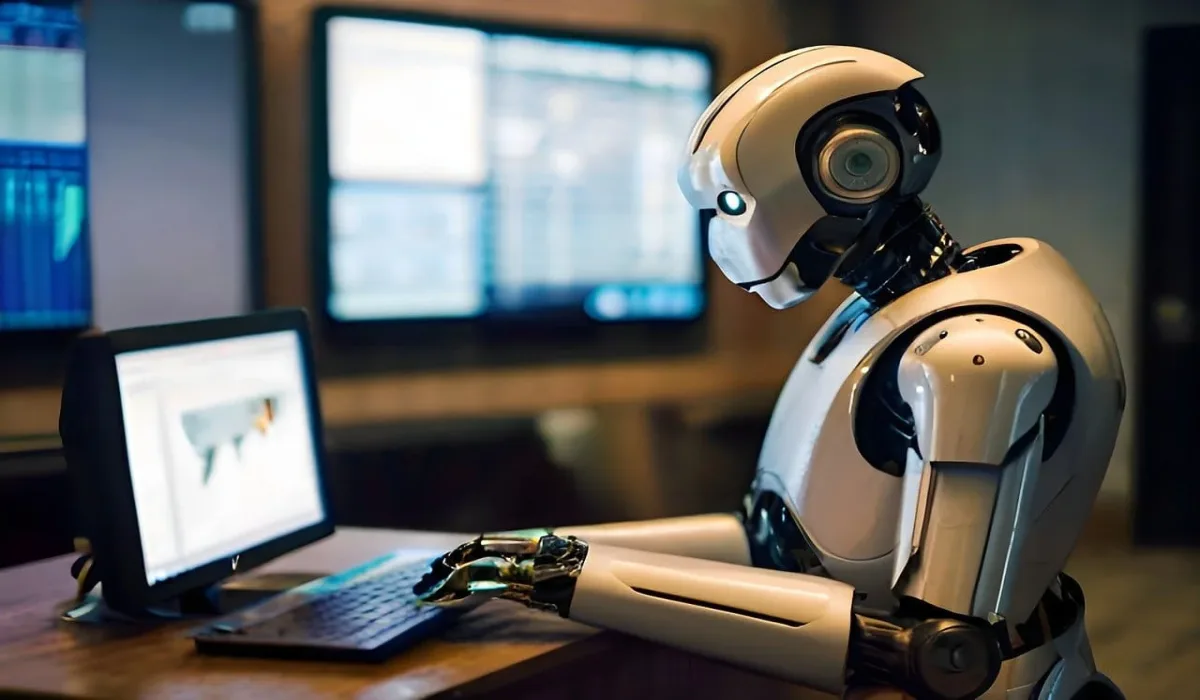 Robot humanoide trabajando en un escritorio frente a una computadora, con pantallas de datos en el fondo.