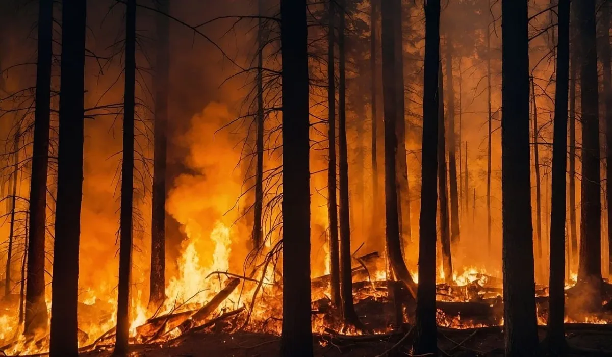 Equipos de emergencia trabajando entre humo y llamas durante un incendio en Los Ángeles.