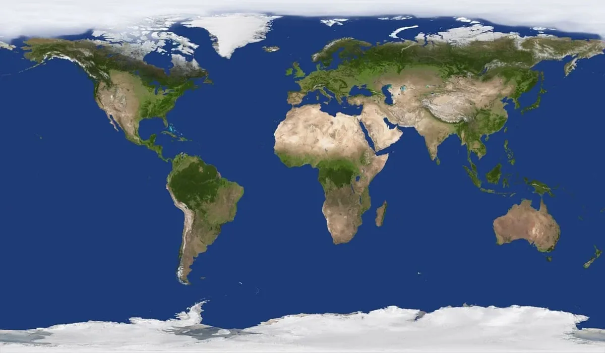 Mapa mundial que muestra los continentes y océanos de la Tierra con detalles geográficos realistas.